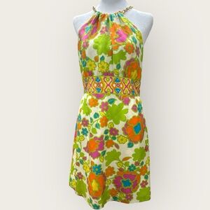 Milly Silk Lined Floral Halter‎ Dress with Chain Neck Women’s 10
